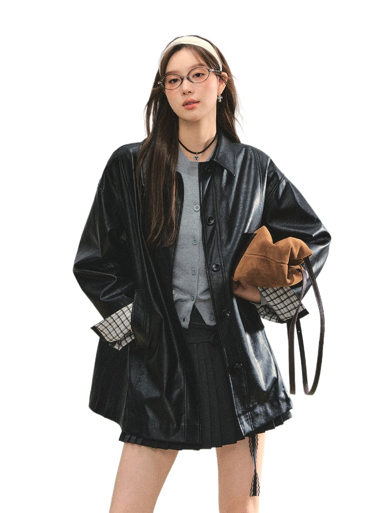 Black H-shaped Cuff Checkered Spliced Leather Jacket