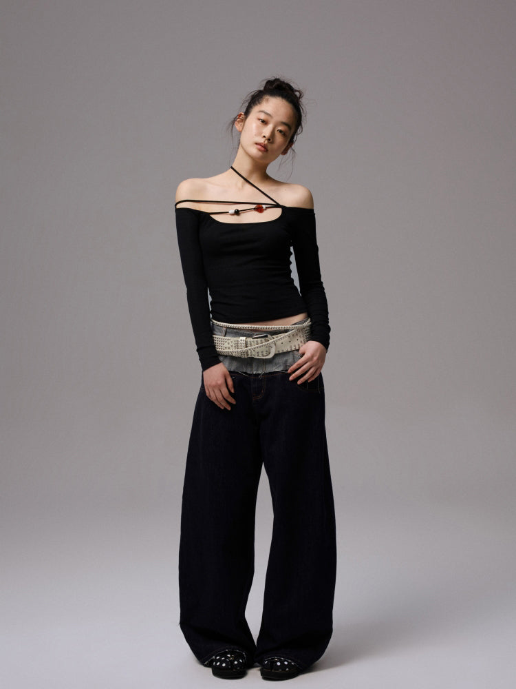 Double Waistband Raw Denim Wide-Leg Jeans