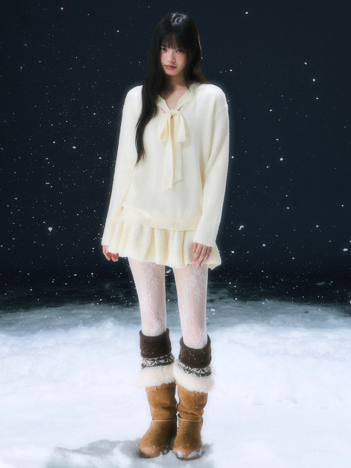 Beige Tie-Front Knit Dress