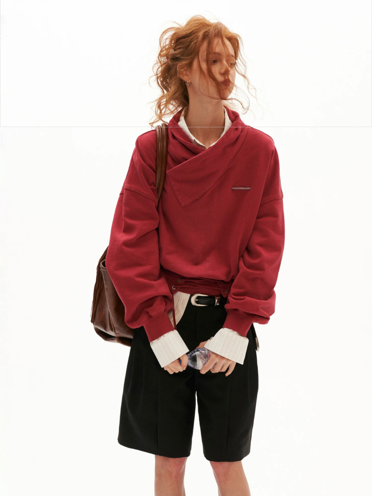 Cross Collar Lace-Up Washed Sweatshirt