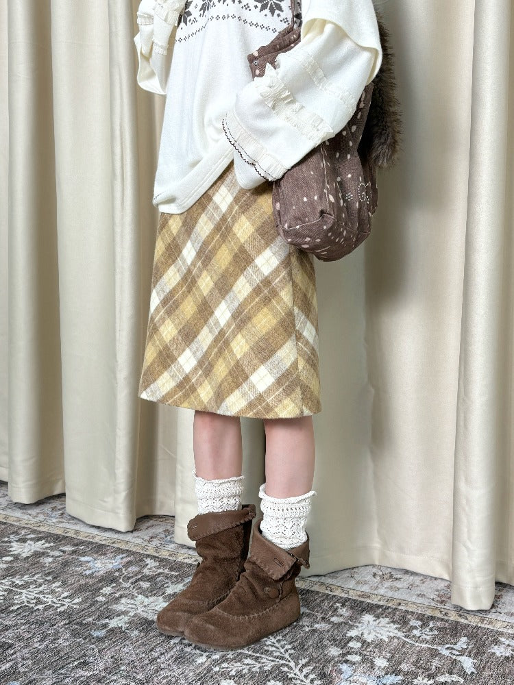 Yellow Plaid Wool-Blend A-Line Skirt