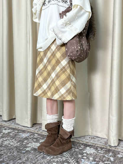 Yellow Plaid Wool-Blend A-Line Skirt