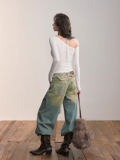 Asymmetric Off-Shoulder Faux Two-Piece T-shirt