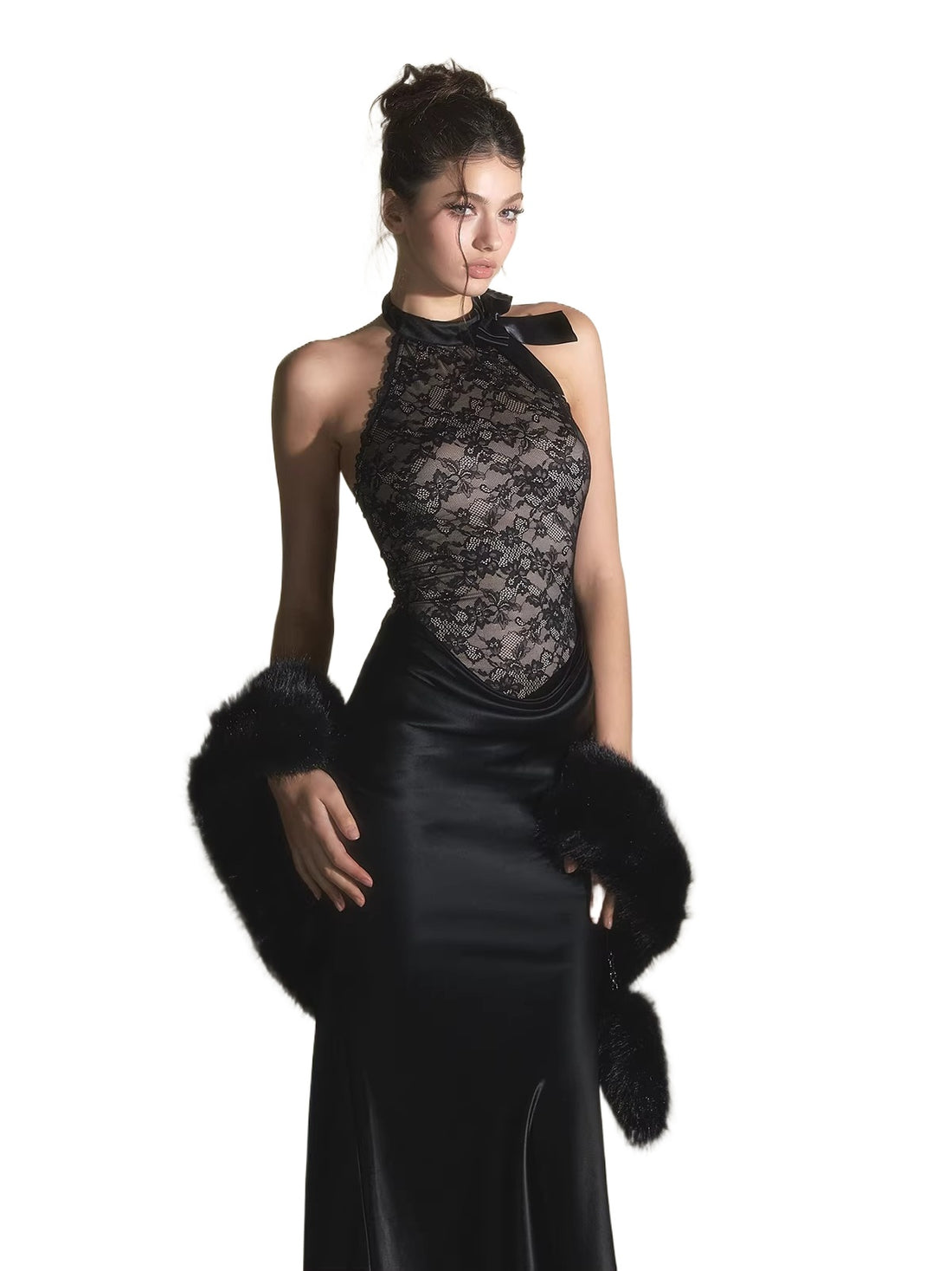 Black Lace Panel Acetate Dress