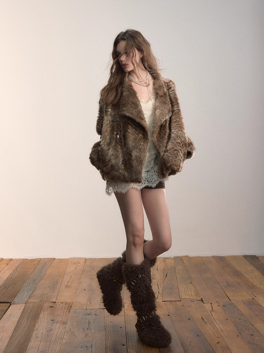 Textured Custom Large Notch Collar Faux Fur Coat