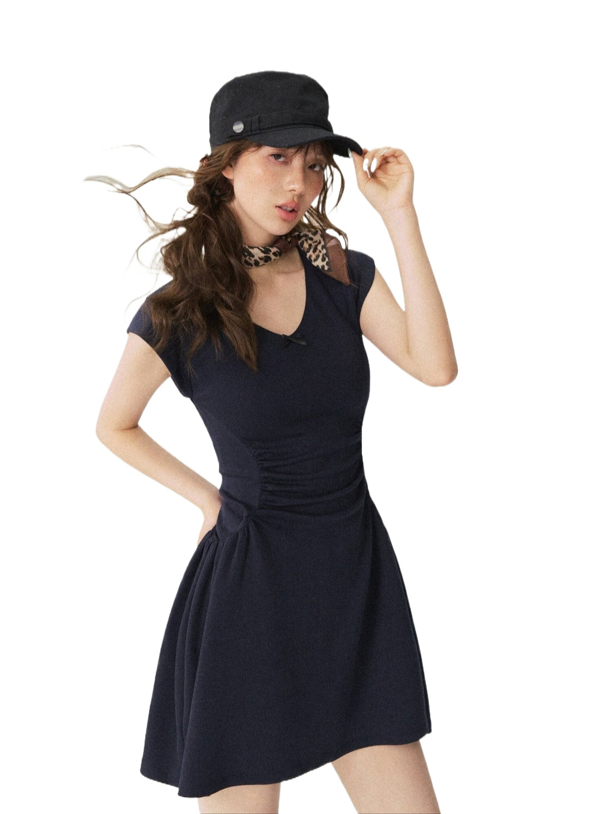 Navy Waist V-Neck Knit Dress