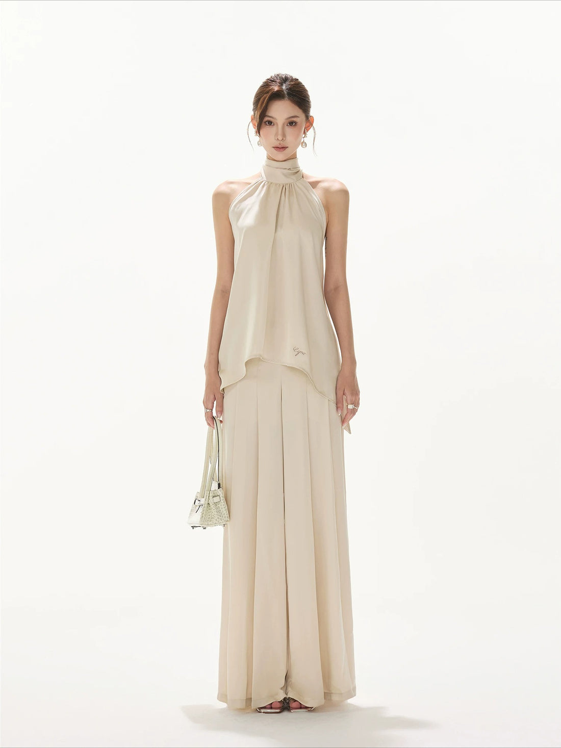 Light Champagne Satin Pleated Pants