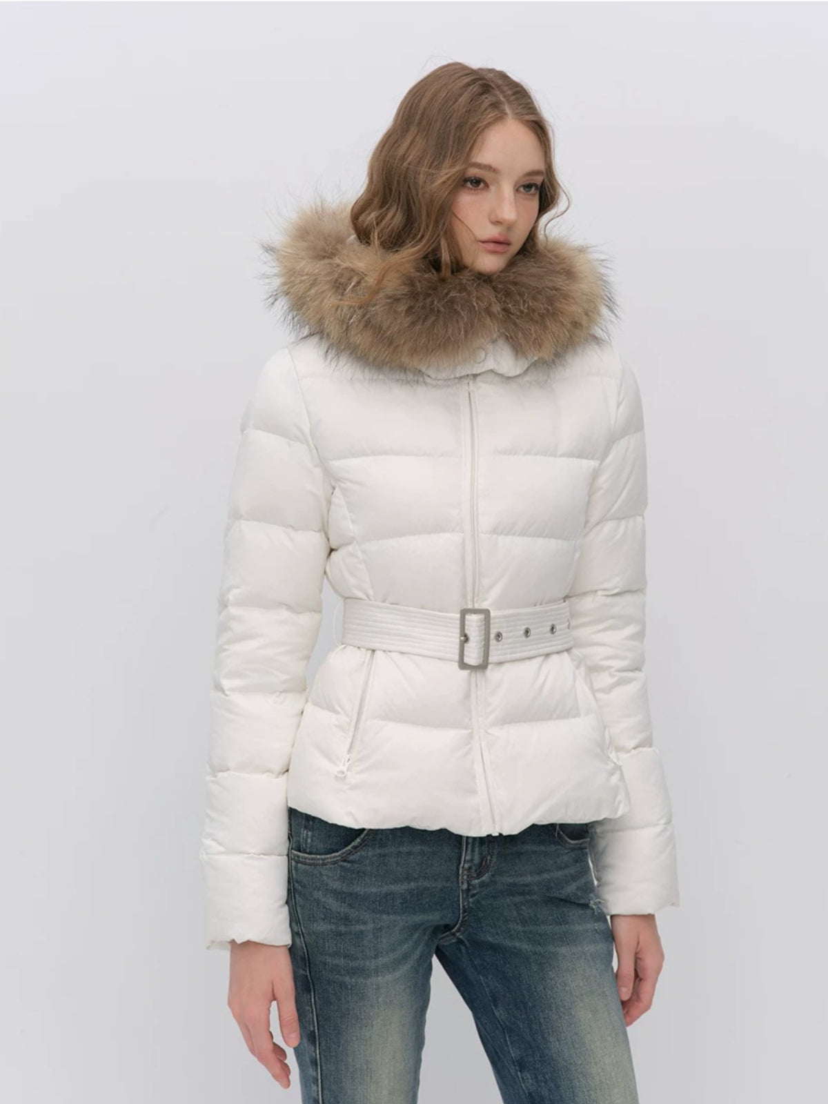 Fur Collar Belted Down Jacket