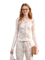 Cream Floral Lace Trim Cardigan & Pants Set