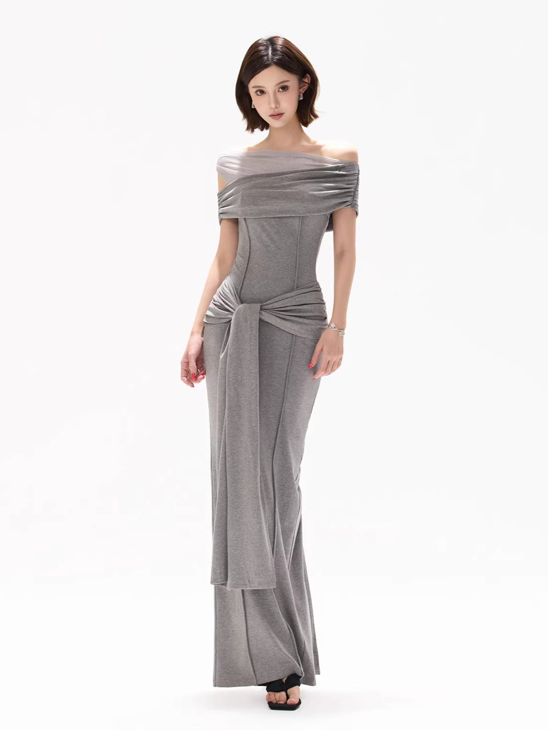 Gray Off-Shoulder Drape Dress
