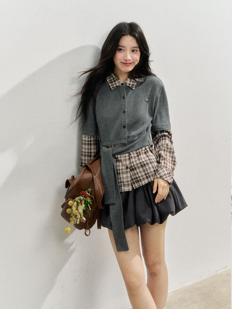 College Plaid Fake Two-piece Shirt