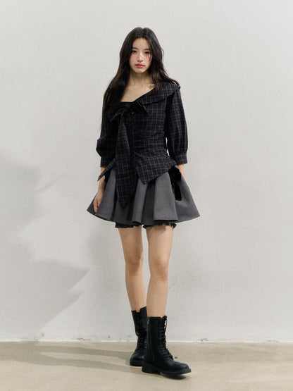 Checkered Bow One-Shoulder Asymmetric Waist-Cinching Shirt