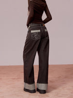 Rhinestone Cuffed Wide-Leg Denim Jeans