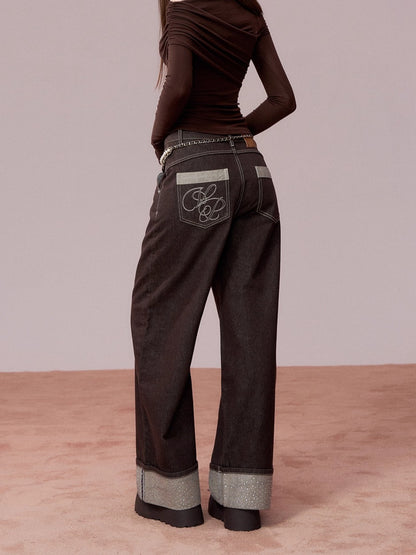 Rhinestone Cuffed Wide-Leg Denim Jeans
