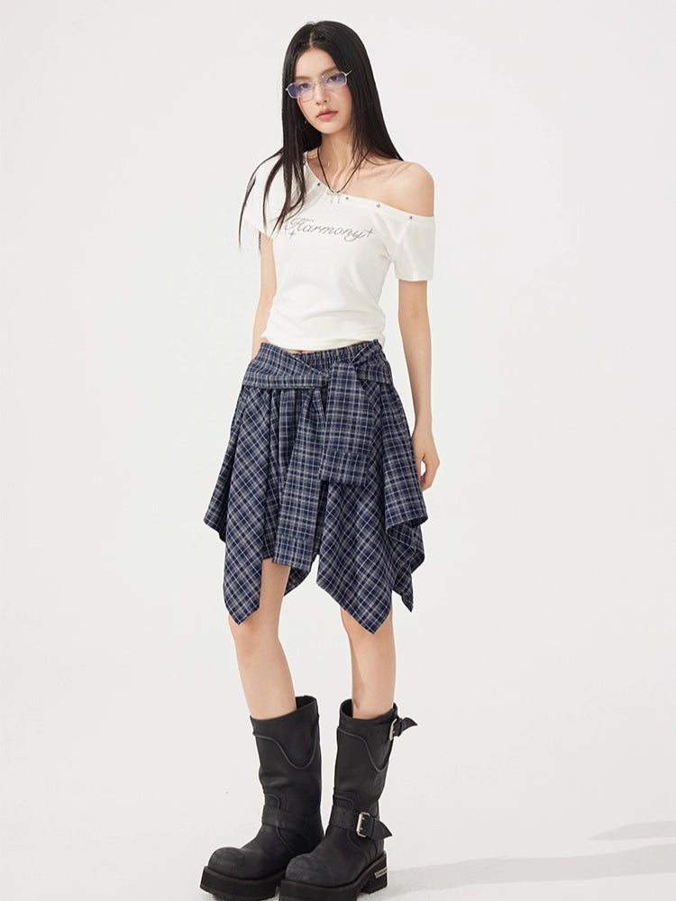Plaid Tie Up Irregular Shirt Skirt