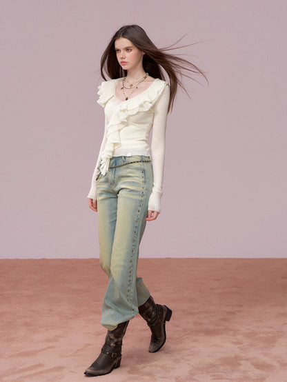 Studded Wash Straight-Leg Jeans