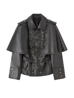 Detachable Cape Belted Leather Jacket