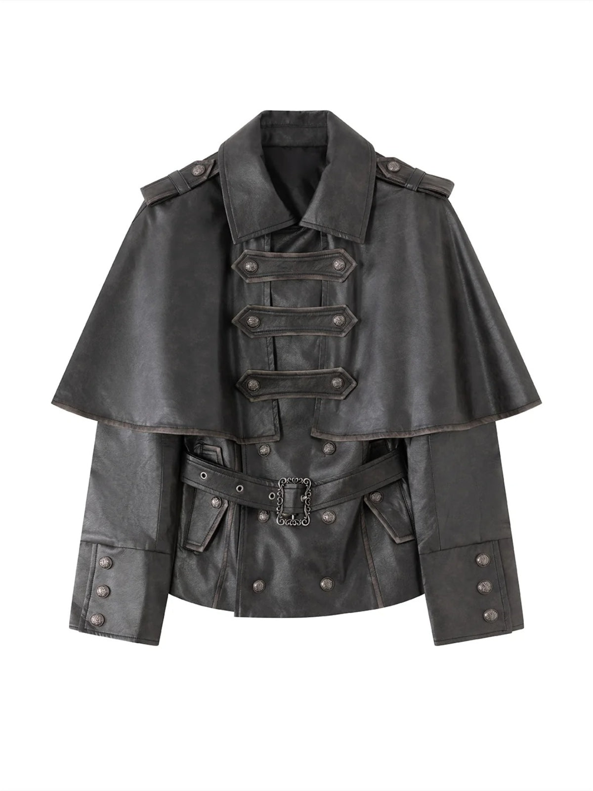 Detachable Cape Belted Leather Jacket