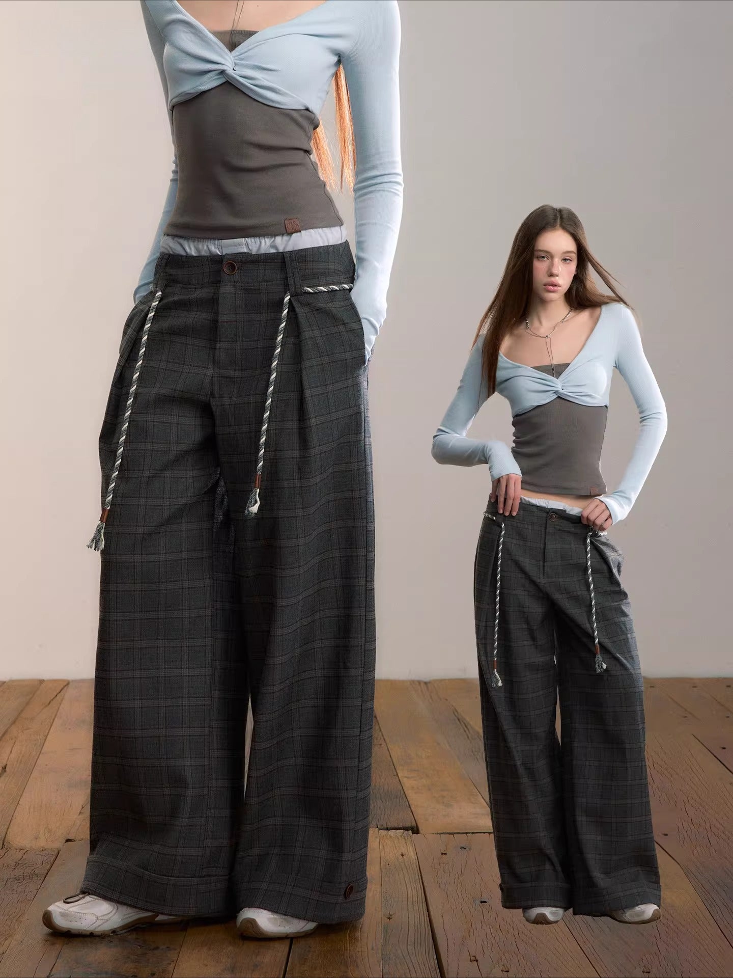 Double Waist Plaid Trousers