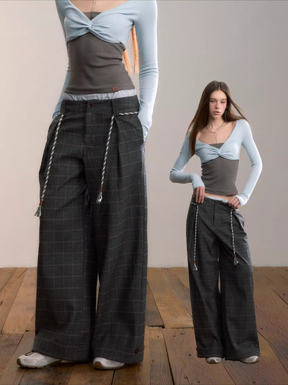 Double Waist Plaid Trousers