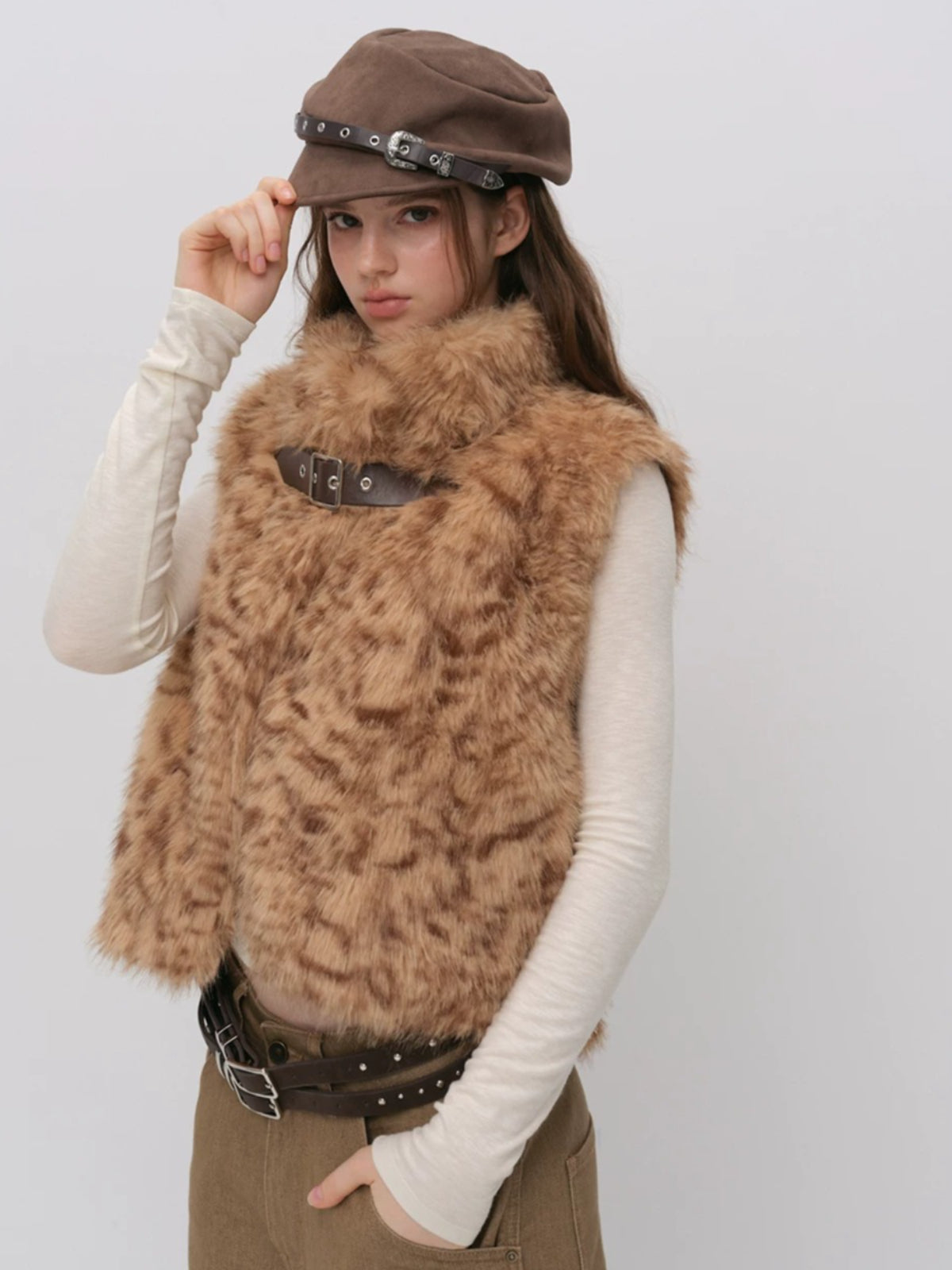 Leopard Faux Fur Sleeve Vest Jacket