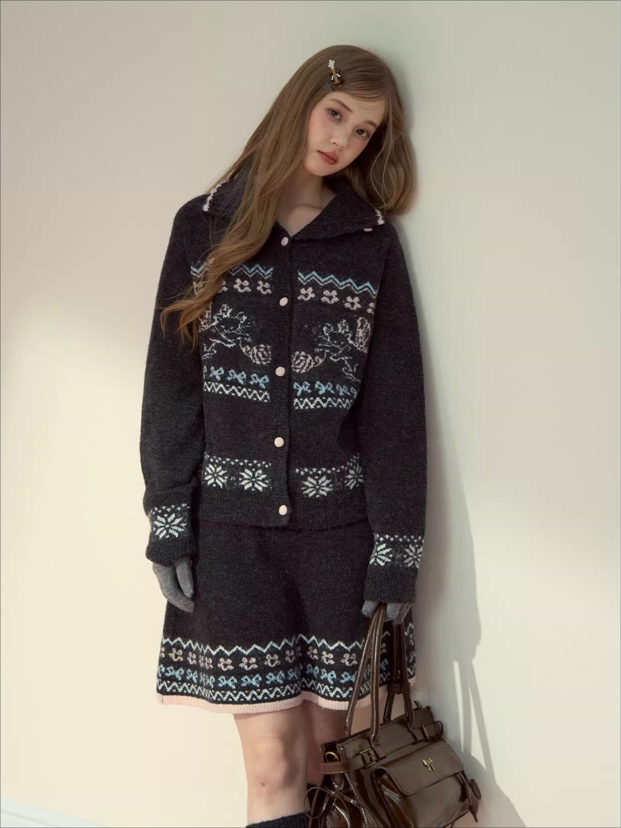 Gray &amp; Off-white Fair Isle Cat Knit Set