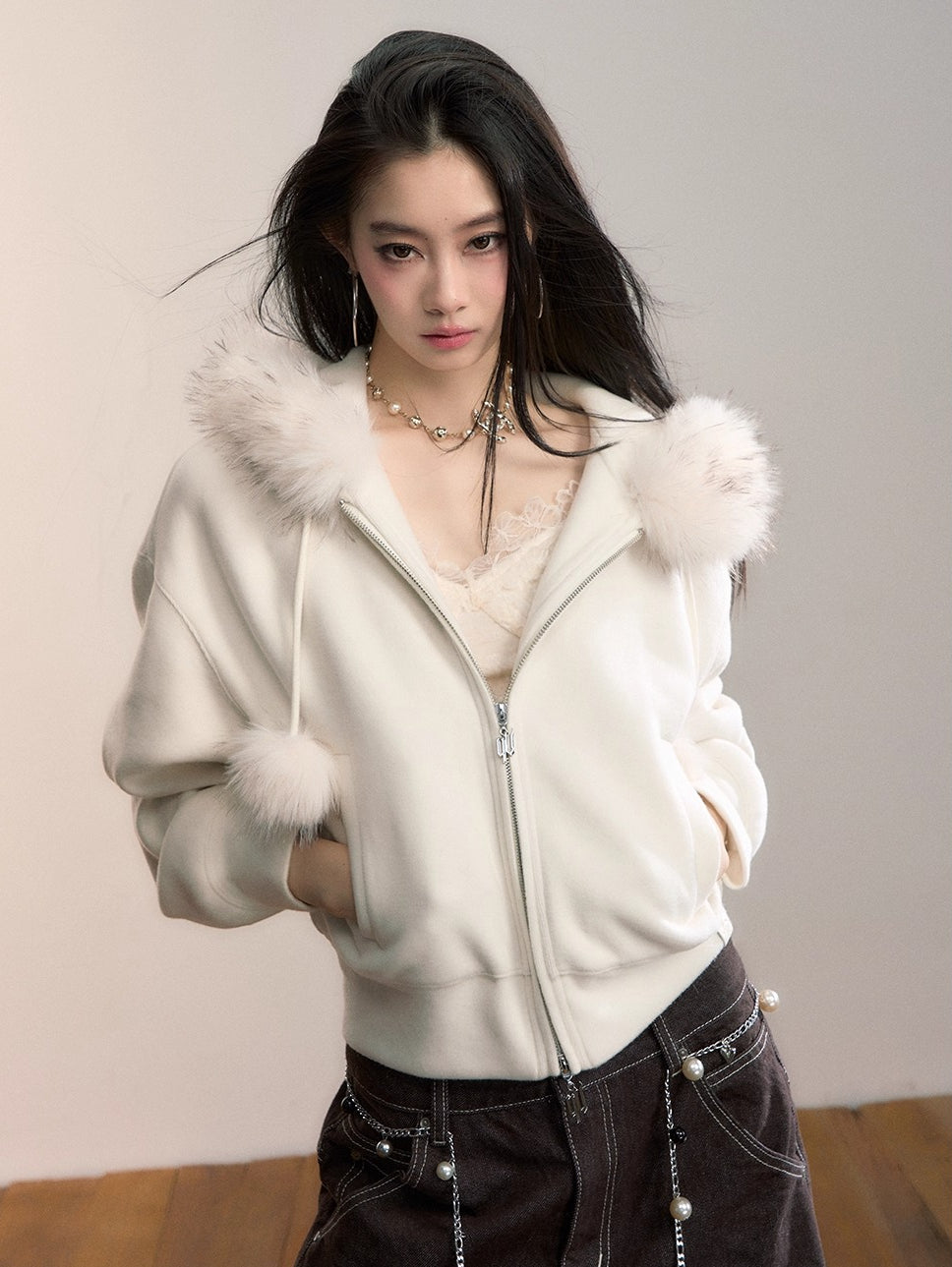 Furry Pom-Pom Hooded Sweatshirt