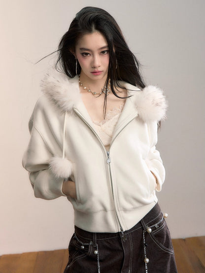 Furry Pom-Pom Hooded Sweatshirt