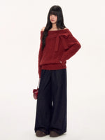 Red Off Shoulder Bow Knit Sweater