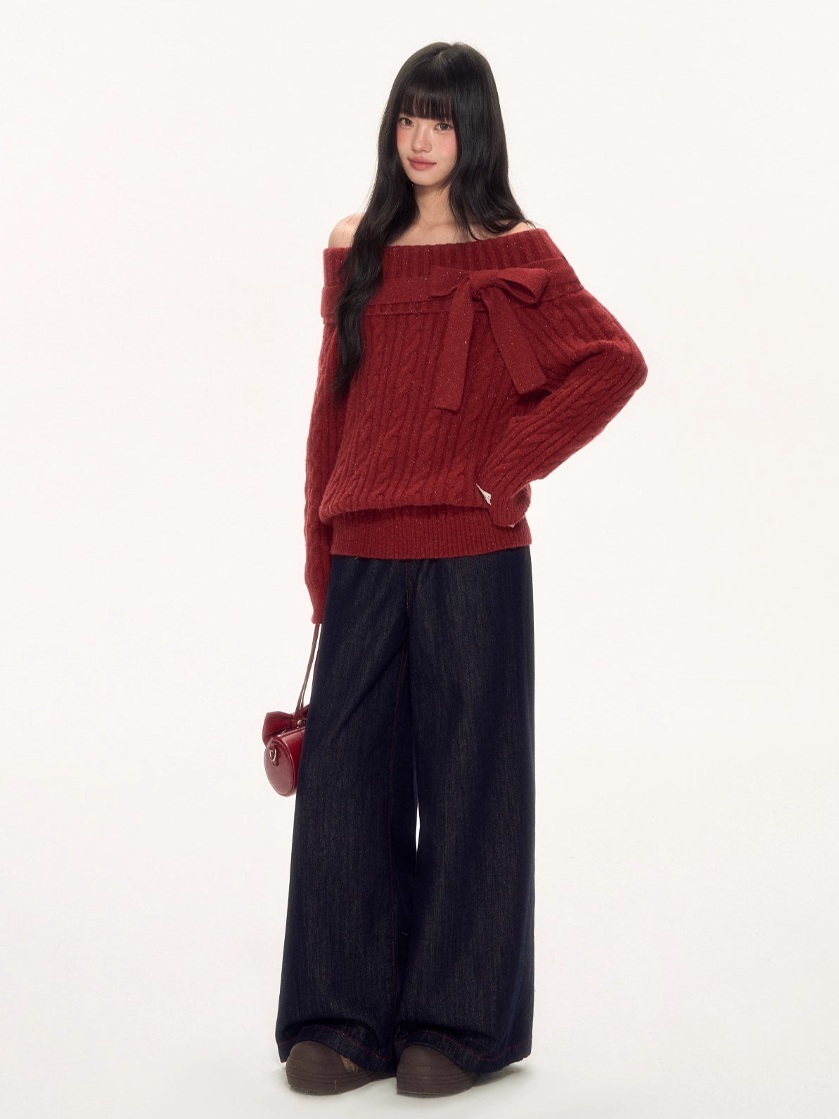 Red Off Shoulder Bow Knit Sweater