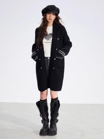 Detachable Collar Long Knit Coat