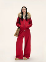 Red Fur-Trimmed Hoodie & Pants Set