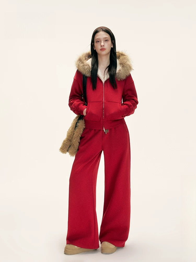 Red Fur-Trimmed Hoodie &amp; Pants Set