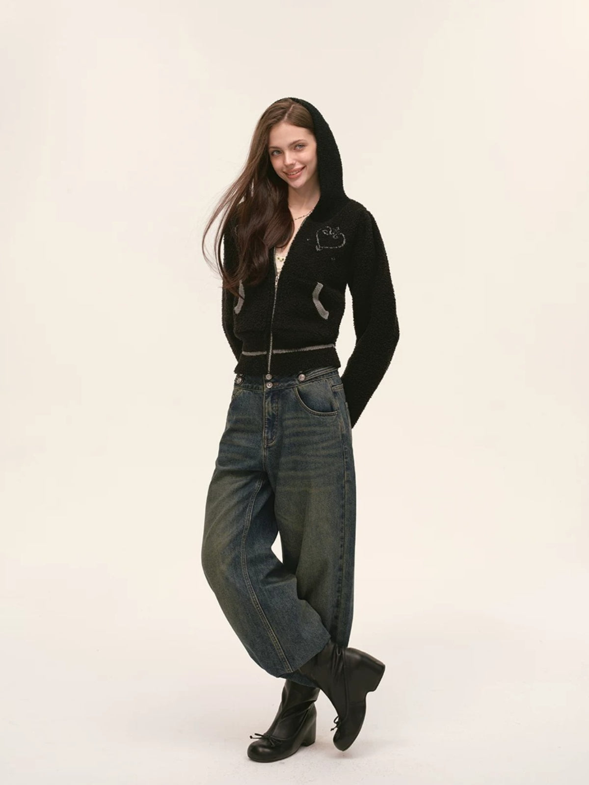 Vintage Double Button Wide-Leg Jeans