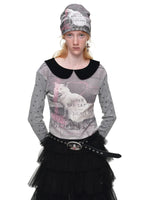 Cat Print Waffle Collar Top