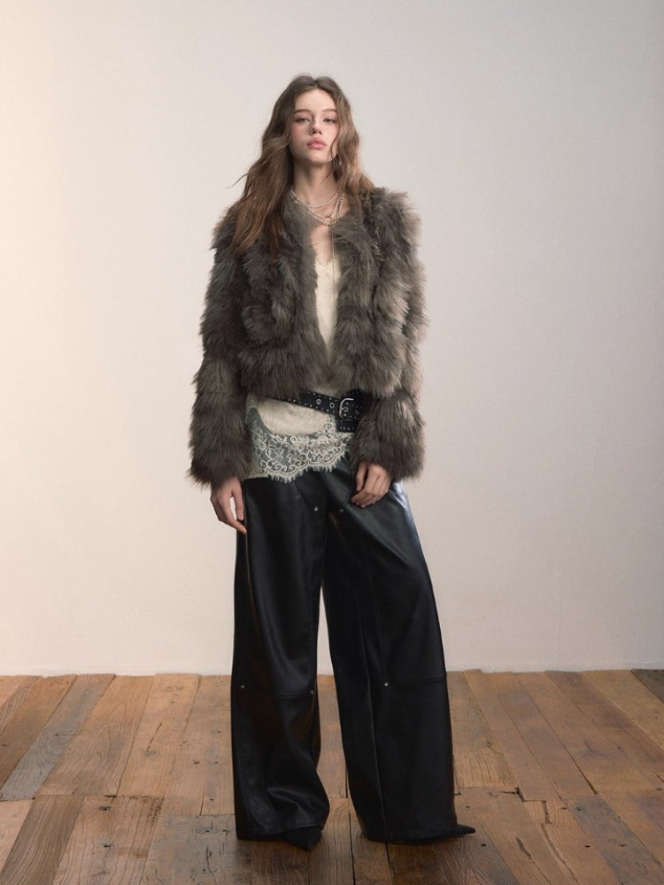 Short PU Leather Faux Fur Collar Coat