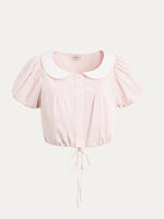 Pink Doll‑Collar Drawstring‑Hem Blouse & Flared Midi Skirt