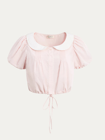 Pink Doll‑Collar Drawstring‑Hem Blouse &amp; Flared Midi Skirt