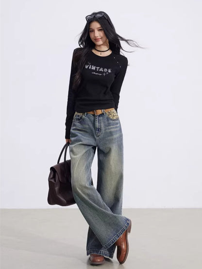 Leopard Patchwork Wide-Leg Jeans