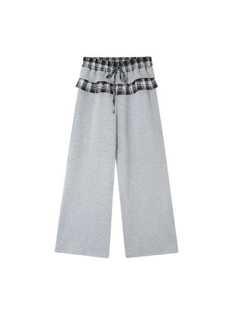 Plaid Patch Embroidered Sweatshirt &amp; Ruffled Waist Pants Set