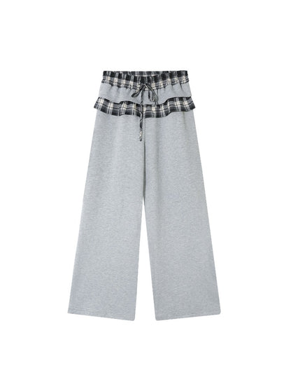 Plaid Patch Embroidered Sweatshirt &amp; Ruffled Waist Pants Set