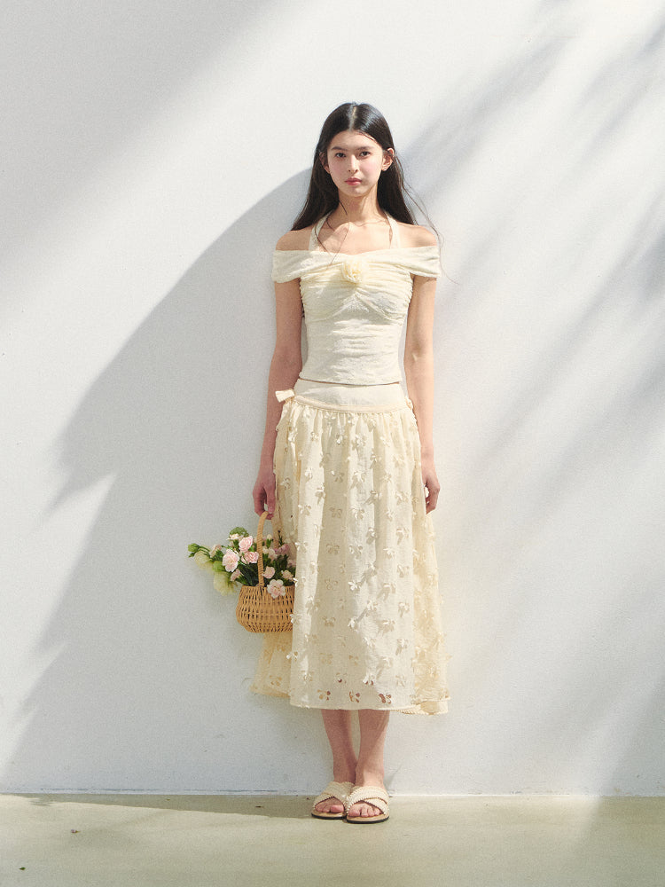 Off Shoulder 3D Flower Lace Short Top