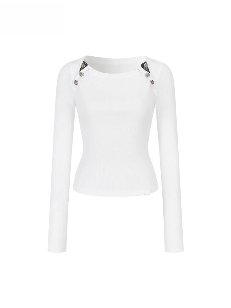 Rose Button Detail Fitted Long Sleeve Top