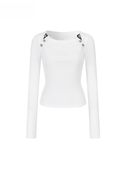 Rose Button Detail Fitted Long Sleeve Top