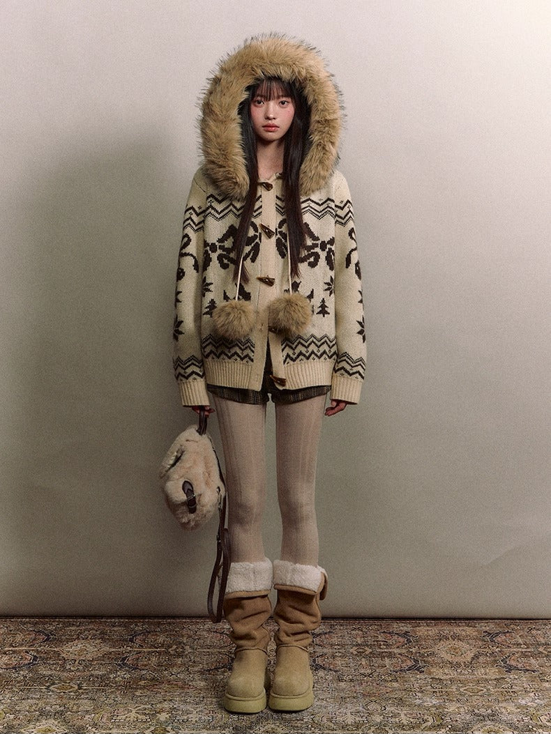 Fair Isle Fur Collar Toggle Knit Coat