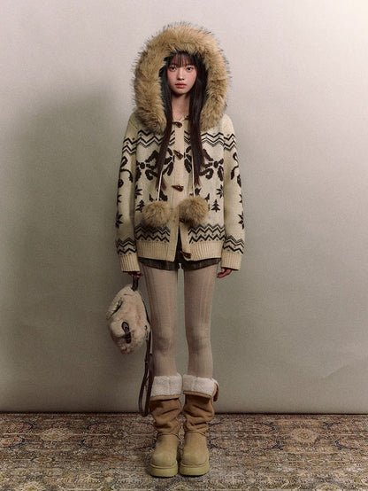 Fair Isle Fur Collar Toggle Knit Coat