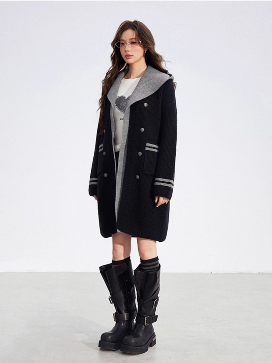 Detachable Collar Long Knit Coat