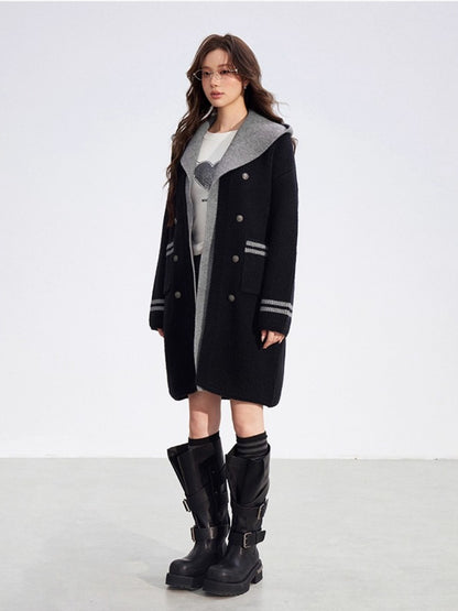 Detachable Collar Long Knit Coat