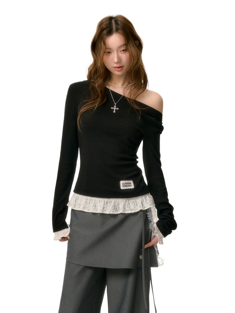 Lace Trim Patchwork Knit T-shirt