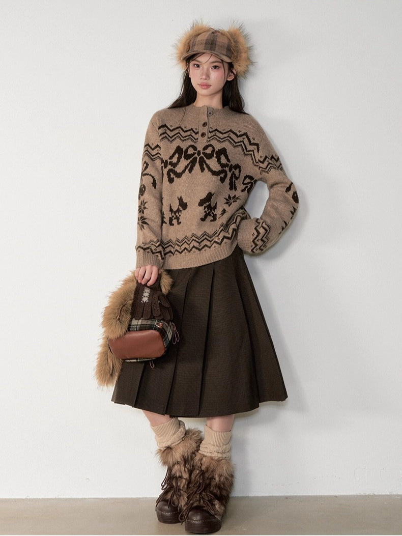 Fair Isle Bow Henry-Collar Sweater